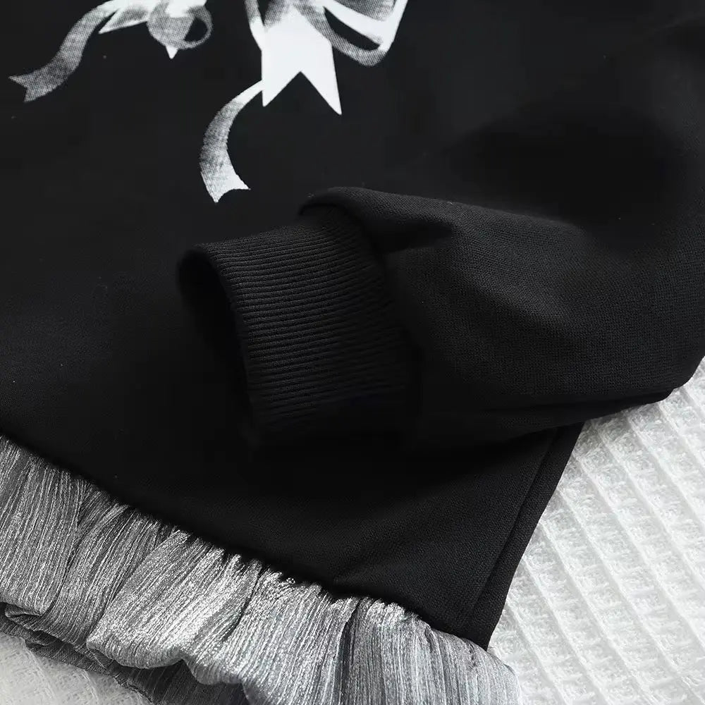 Girls Black Outfit Set With Silver Bow & Ruffle Trim