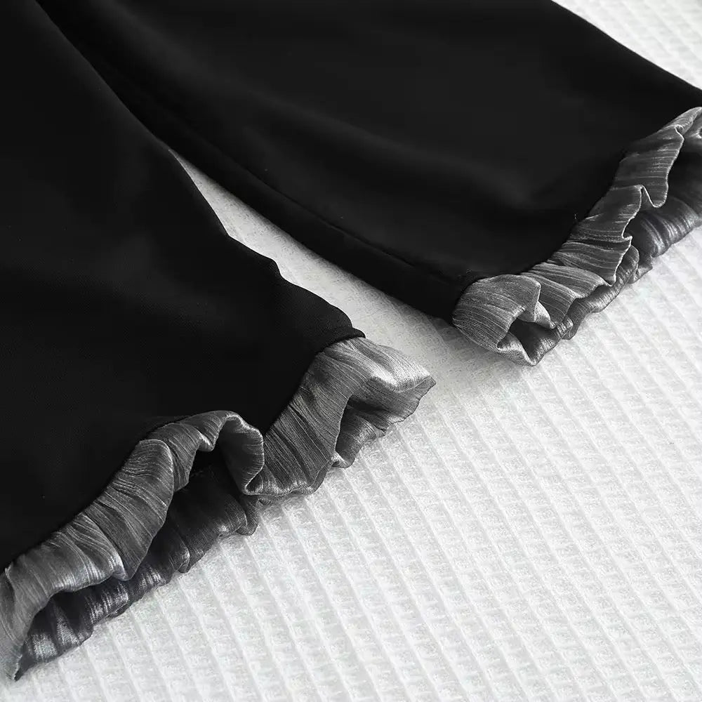 Girls Black Outfit Set With Silver Bow & Ruffle Trim