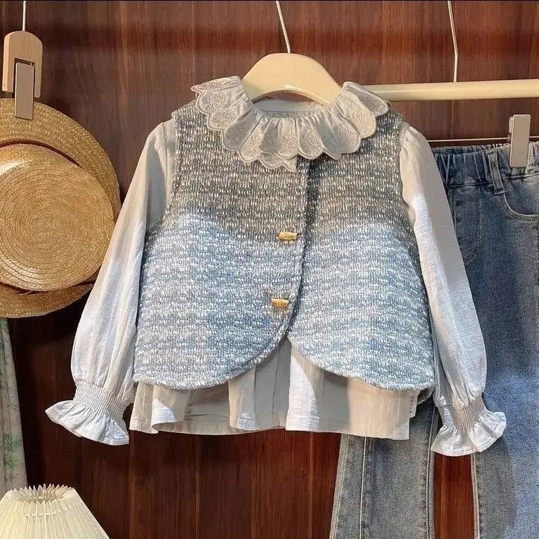 Girls Spread Collar Top With Jacket And Jeans