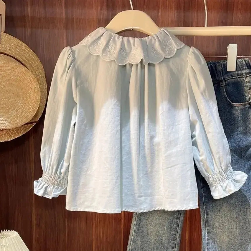 Girls Spread Collar Top With Jacket And Jeans