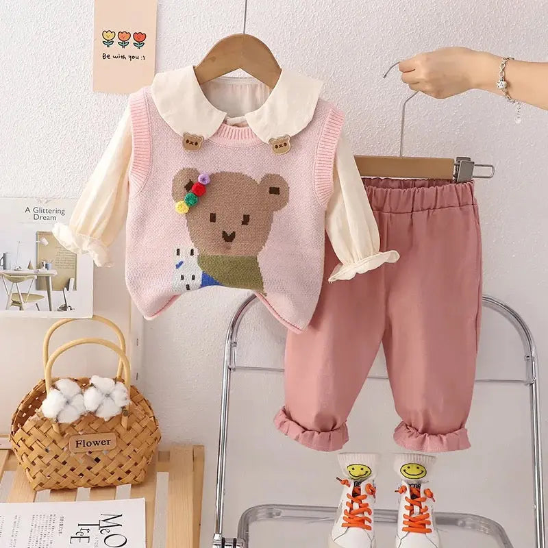 Girls Pink Top & Sweater And Trousers 3Pcs Set