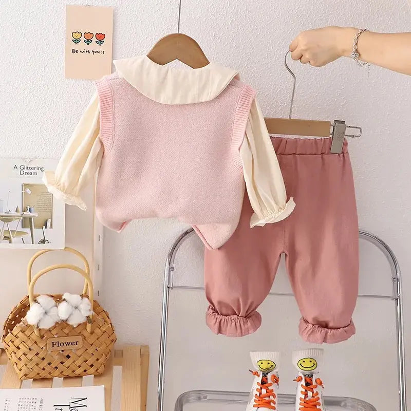 Girls Pink Top & Sweater And Trousers 3Pcs Set
