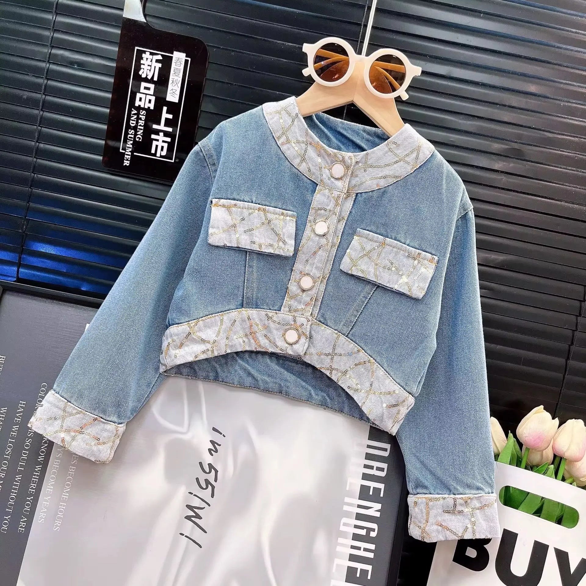 Girls Denim Sequins-Detail Co-ord Set