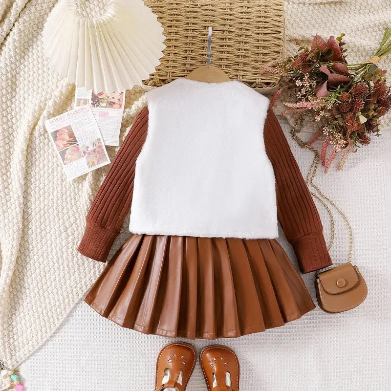 Girls Knitted Top With Jacket And Pleated Skirt