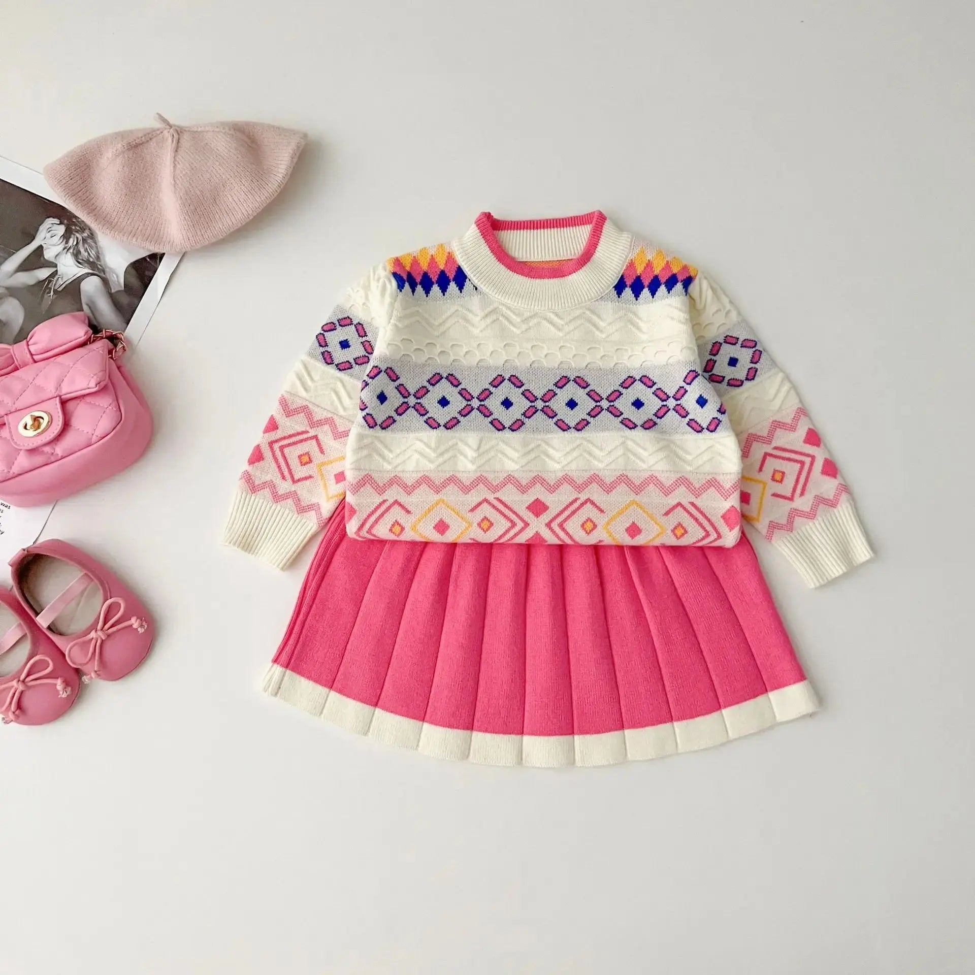 Girls Knitted Top And Pleated Skirt 2 Pcs Set