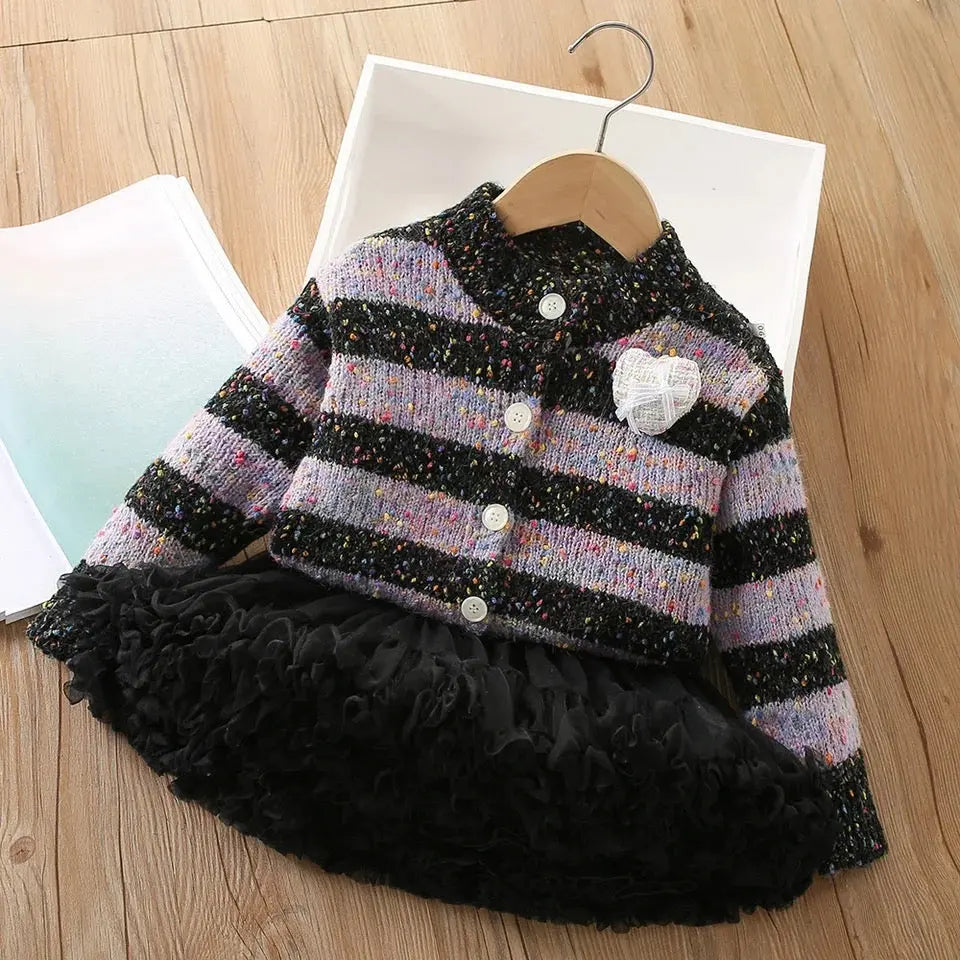 Girls Black Striped Sweater And Fluffy Skirt 2 Pcs Set
