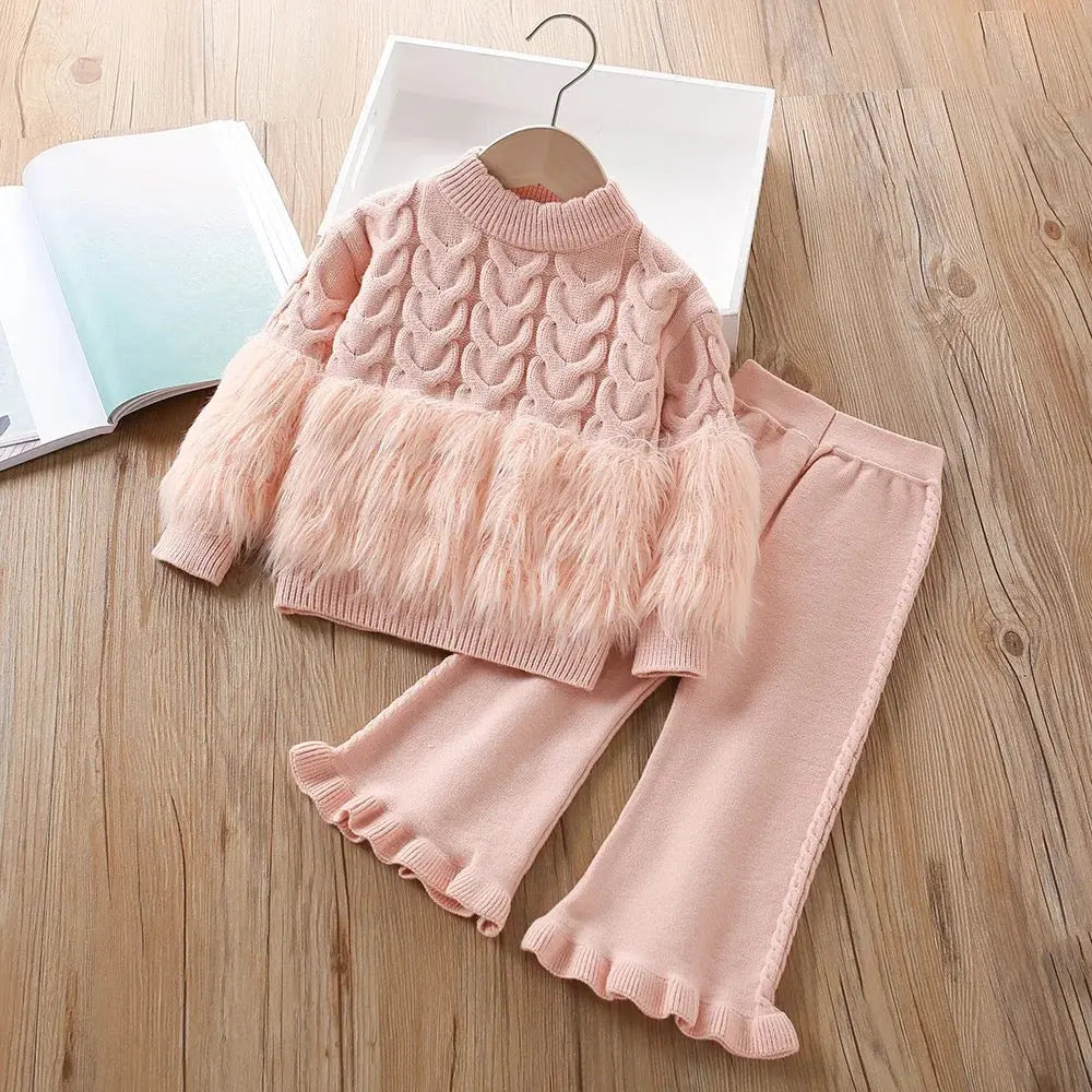 Girls Designer Pink Knitted Top And Pants 2 Pcs Set