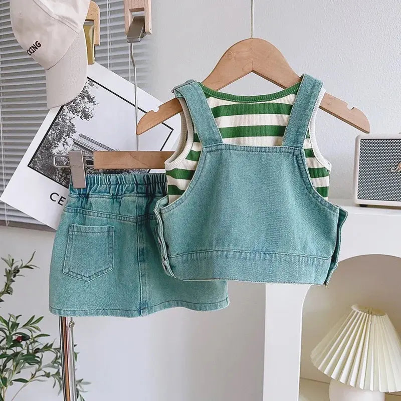 Girls Denim Set With Tee 3 Pcs Set