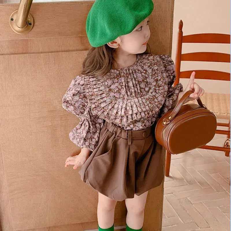 Girls Bubble Sleeves Princess Top With Pumpkin Shorts