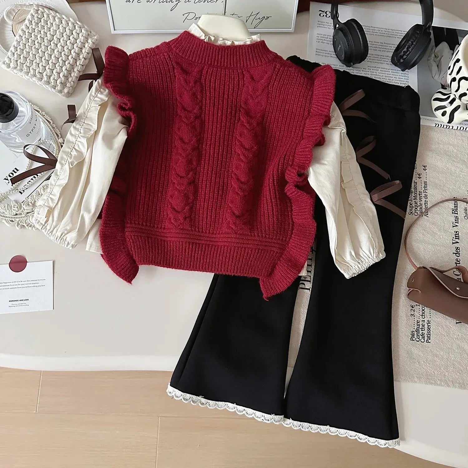 Girls Red Sweater With Designer Shirt And Pants 3 Pcs Set