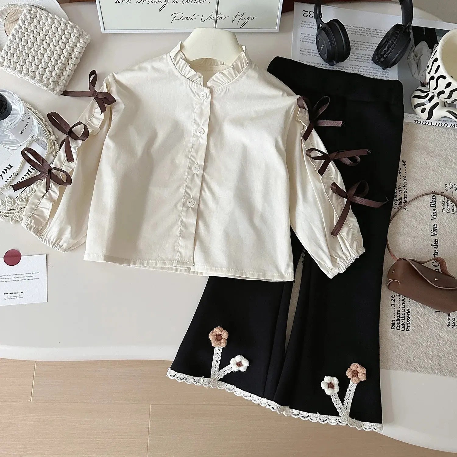 Girls Red Sweater With Designer Shirt And Pants 3 Pcs Set