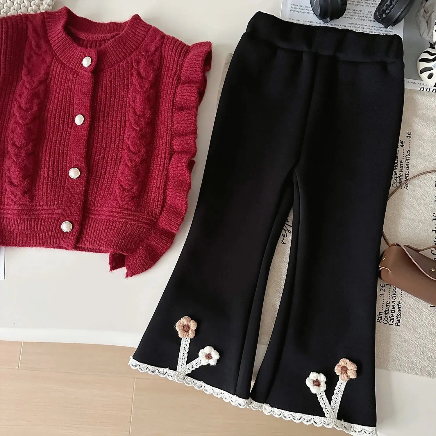 Girls Red Sweater With Designer Shirt And Pants 3 Pcs Set