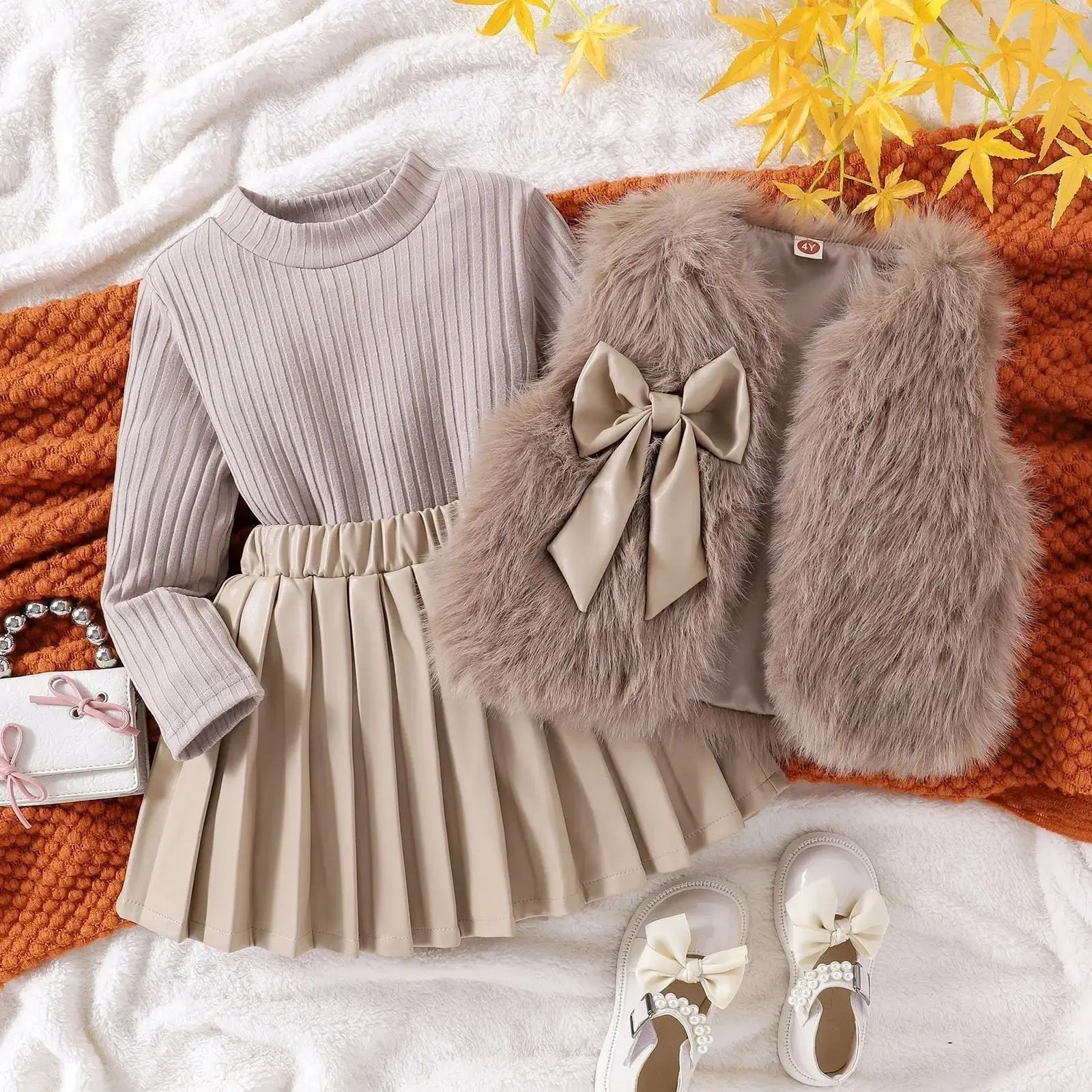 Girls Brown Fur Jacket with Knitted Top And Pleated Skirt