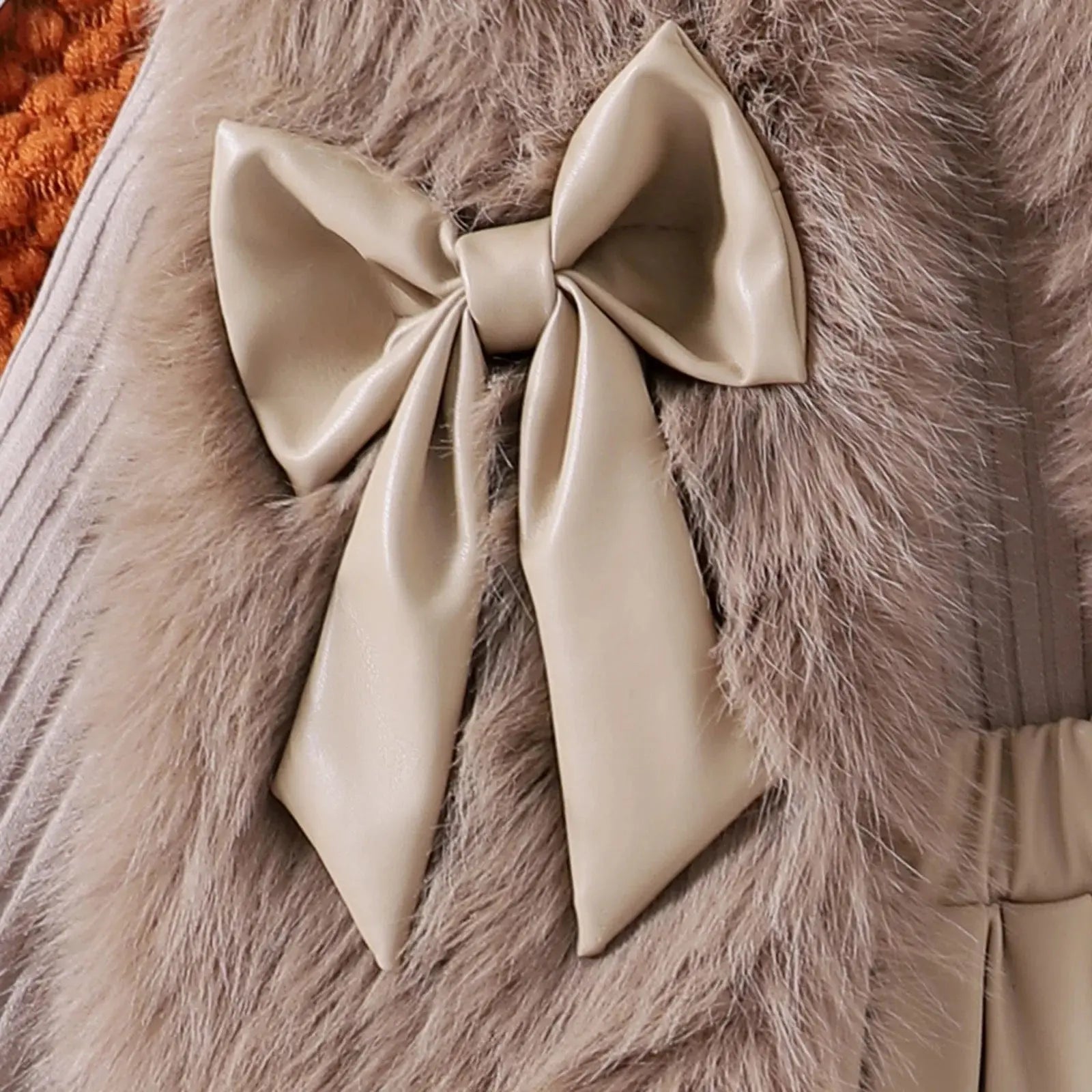 Girls Brown Fur Jacket with Knitted Top And Pleated Skirt