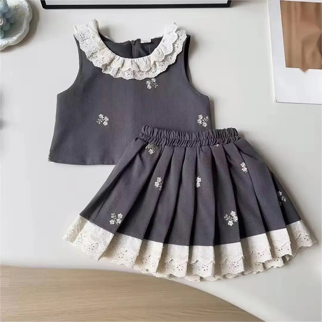 Girls Grey Crop Top And Pleated Skirt With Lace Detail