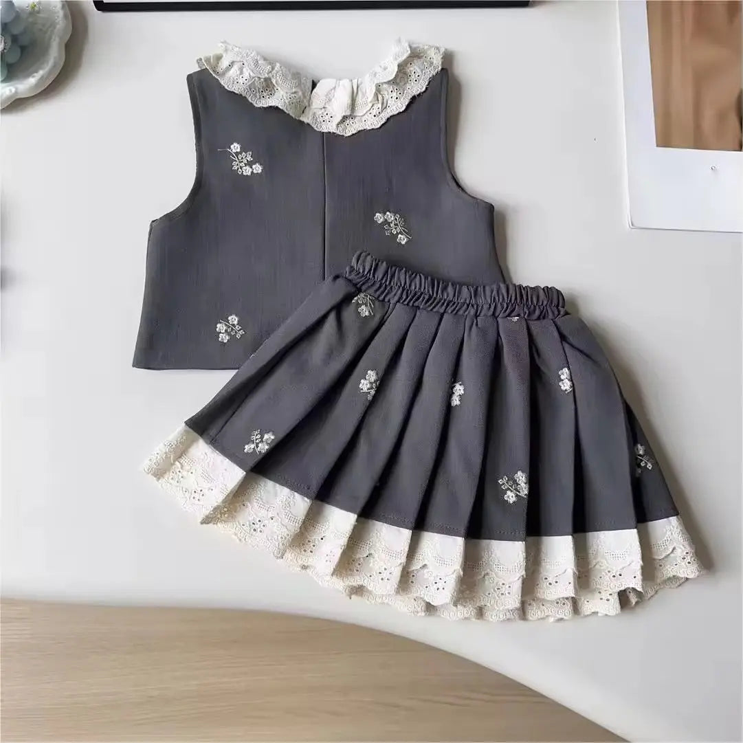 Girls Grey Crop Top And Pleated Skirt With Lace Detail