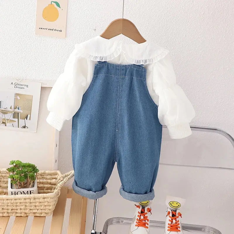 Girls Top with 3D Flower Denim Dungaree