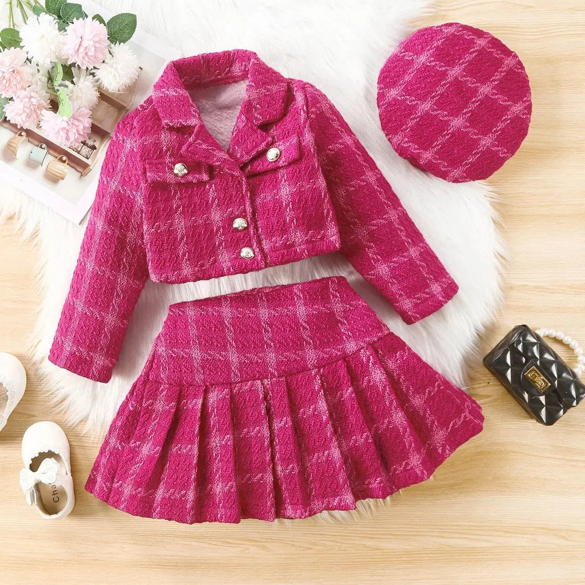 Girls Tweed Jacket And Skirt Set With Matching Cap