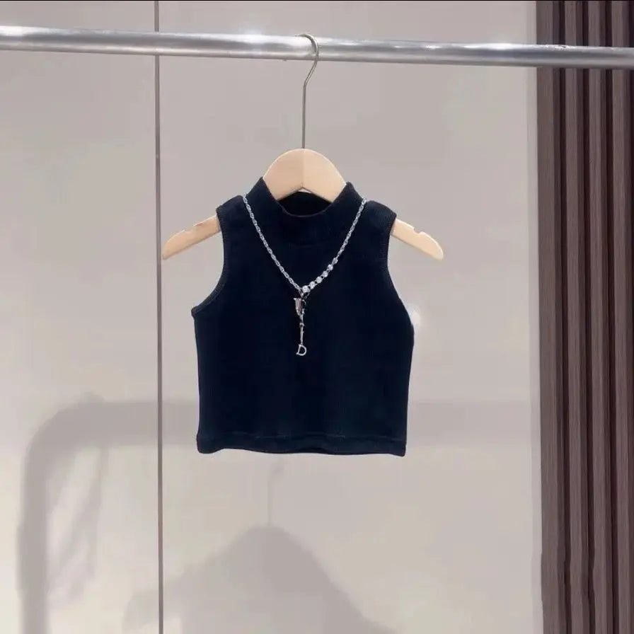 Girls Black Top And Denim Mesh Frill Skirt 2 Pcs Set