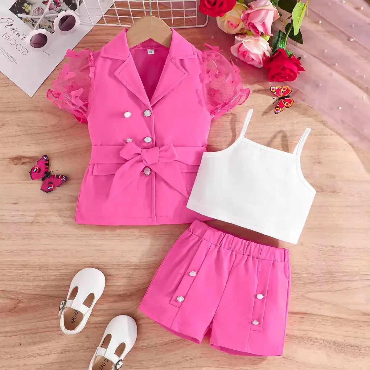 Girls Pink 3-Piece Set with Bow Blazer, White Crop Top & Shorts