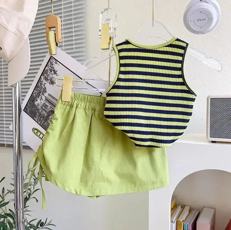 Girls Green Striped Top And Shorts 2 Pcs Set