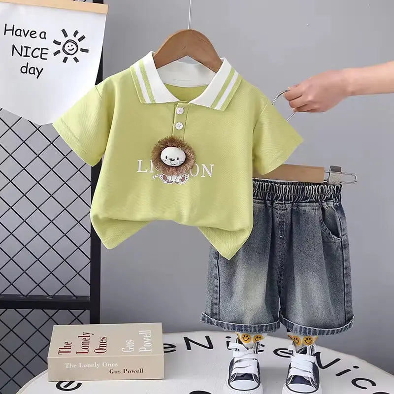 Boys Green Lion Motif Polo-Tee With Shorts