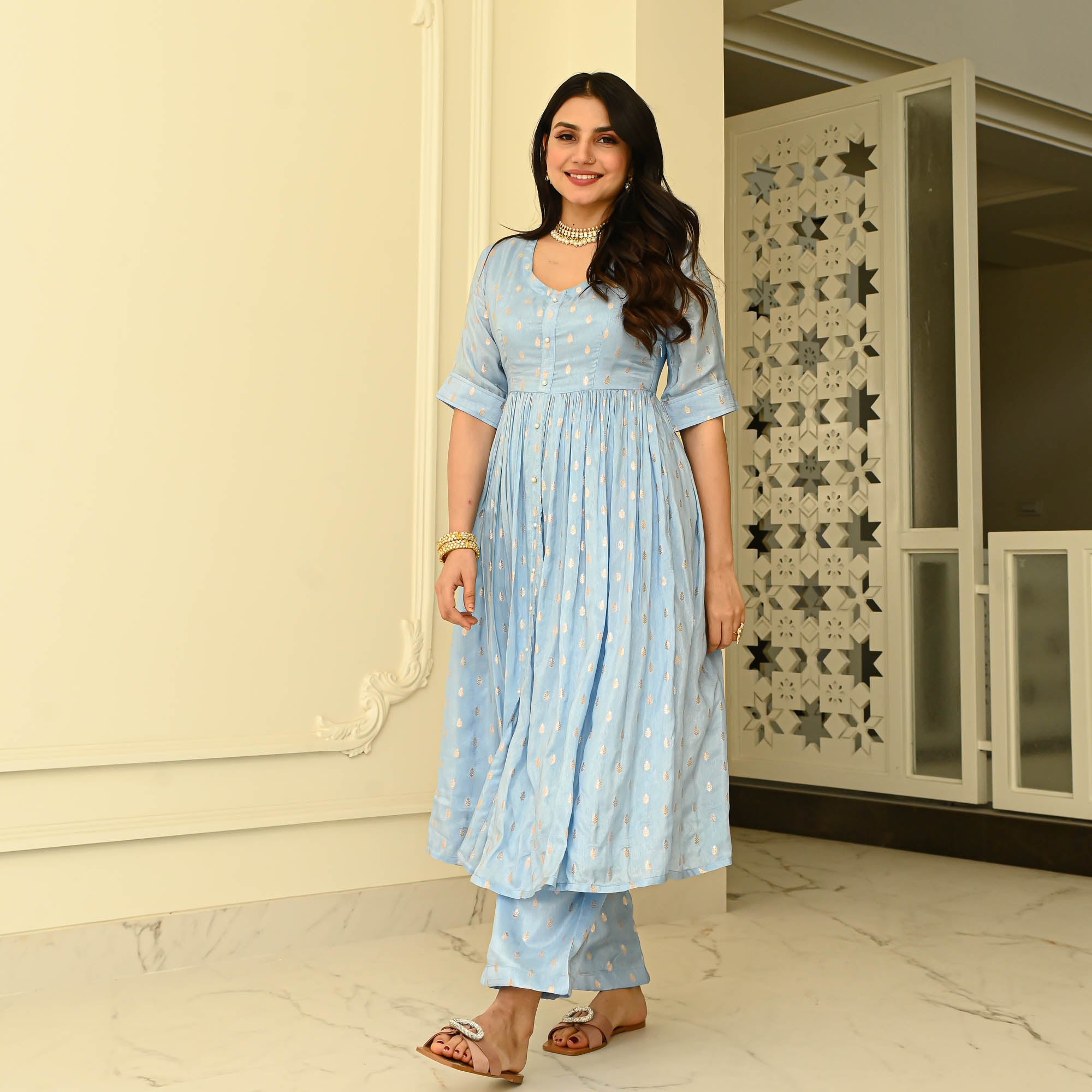 Bunaai Powder Blue Silk Coord Set