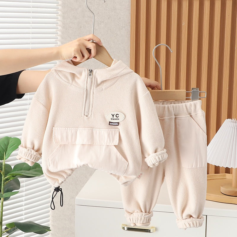 Beige Hooded Boys Sweatsuit Set