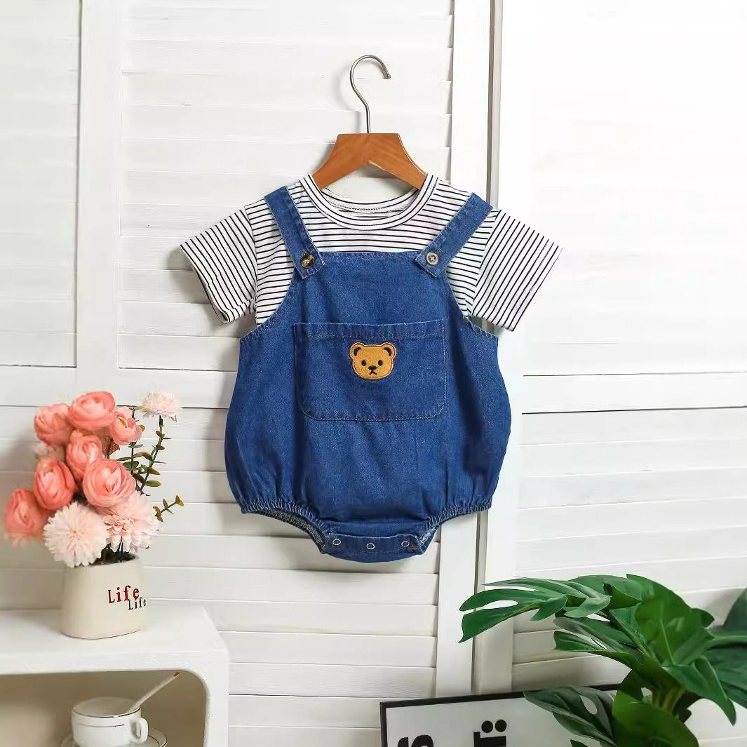 Denim Teddy Two-Piece Baby Boys Girls Romper
