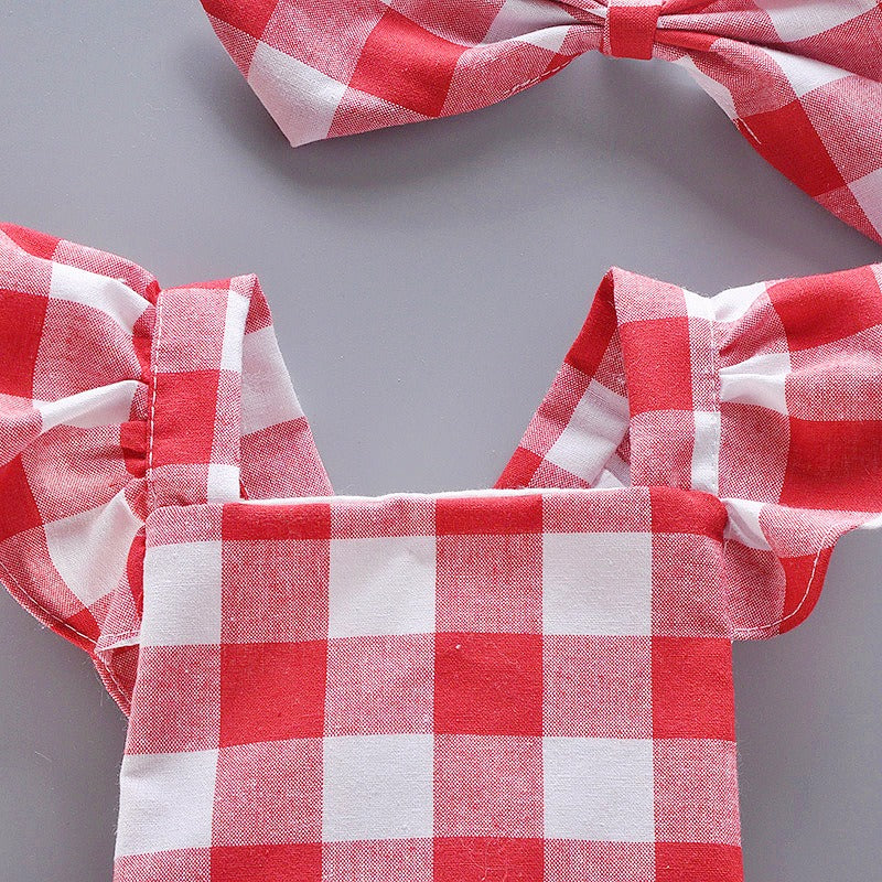 Noa Plaid Baby Girls Princess Romper with Bow Pin