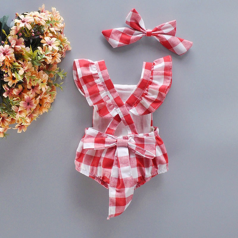 Noa Plaid Baby Girls Princess Romper with Bow Pin