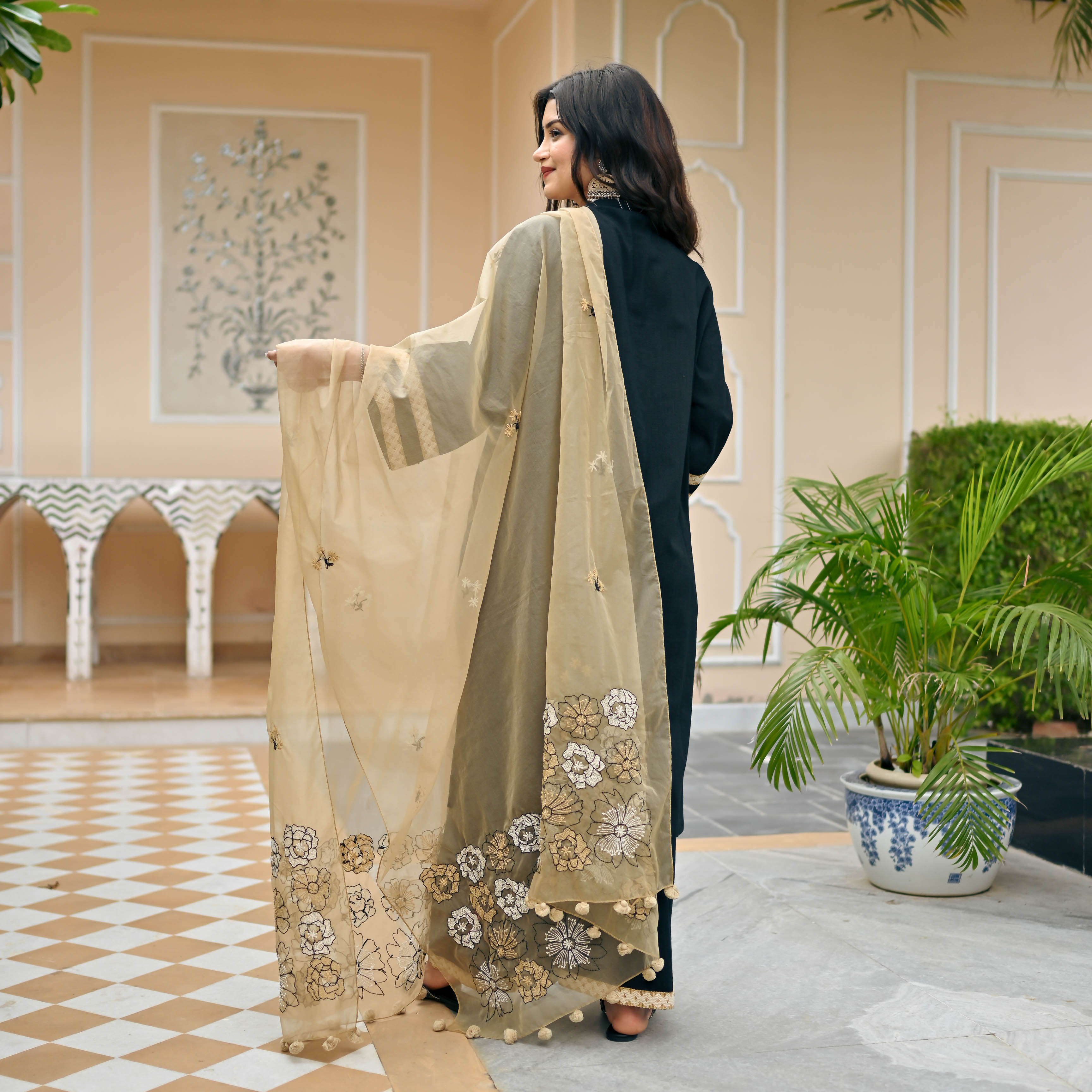 Bunaai Midnight Suit & Embroidered Dupatta