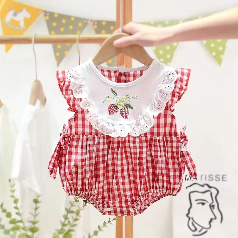 Strawberry Plaid Baby Girls Romper