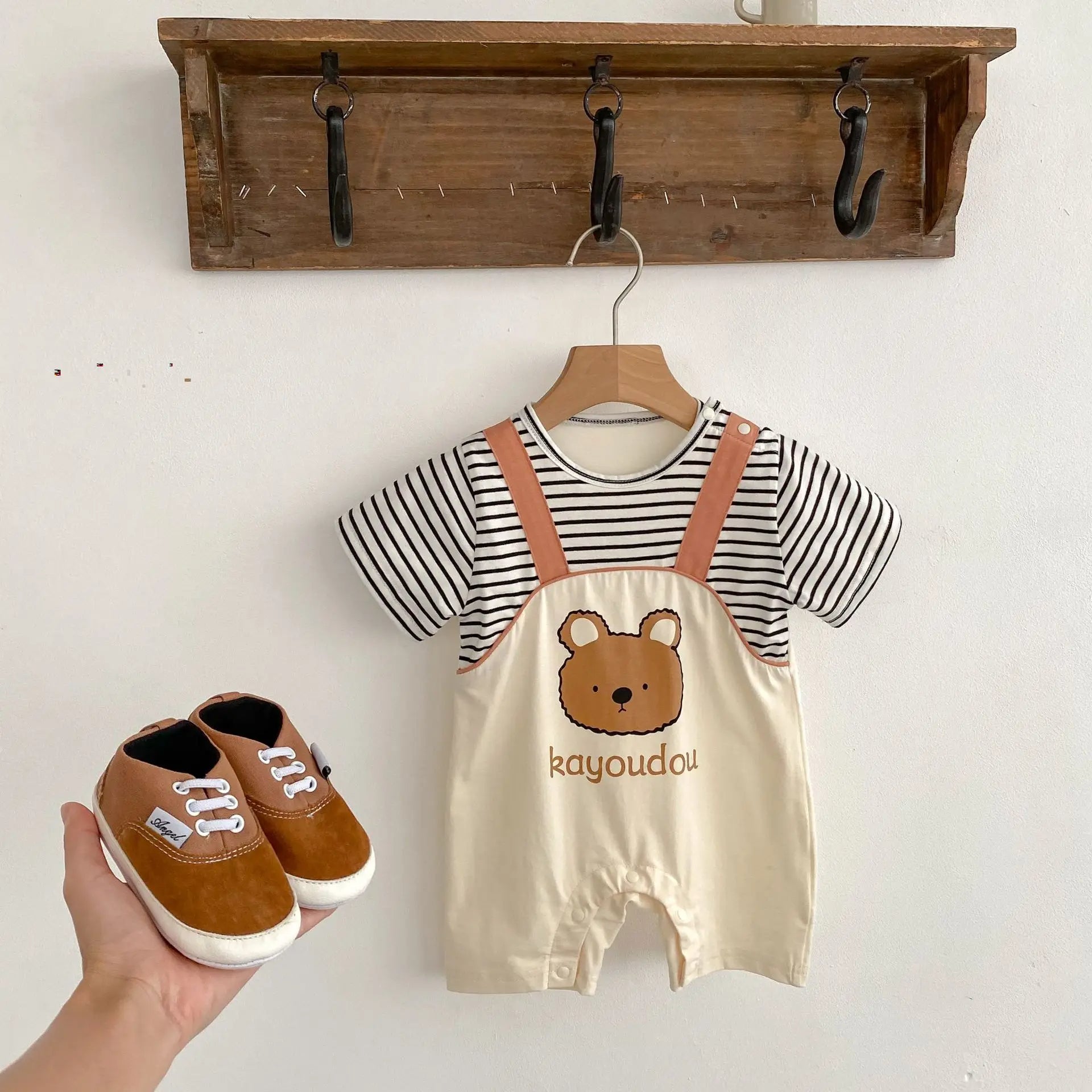 Striped Bear Dungaree Style Boy Romper
