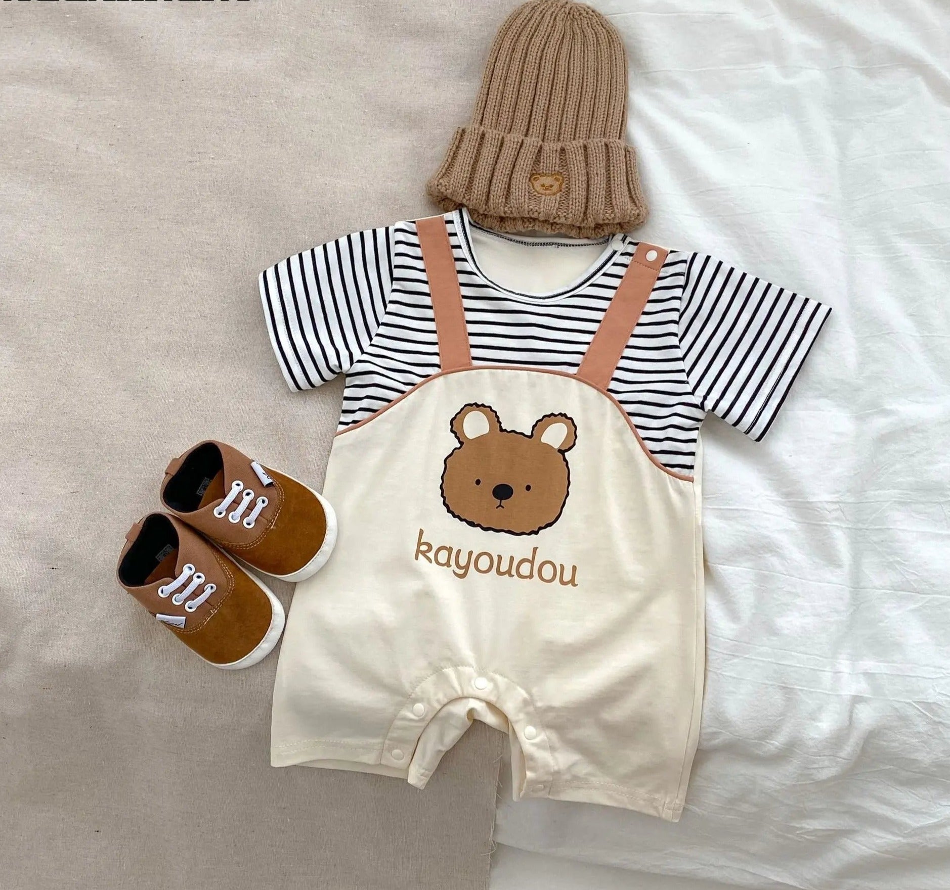 Striped Bear Dungaree Style Boy Romper