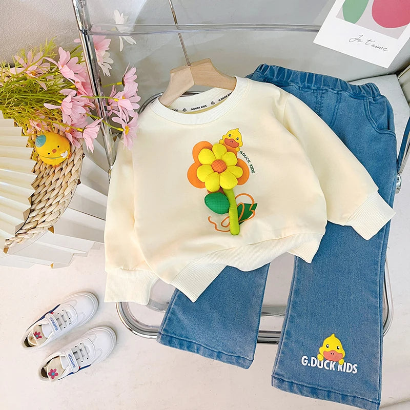 Yellow 3D Flower Girls Sweatshirt Denim Set