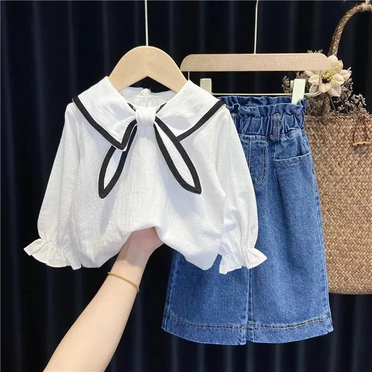 Girls Summer White Top With Jeans 2 Pcs Set