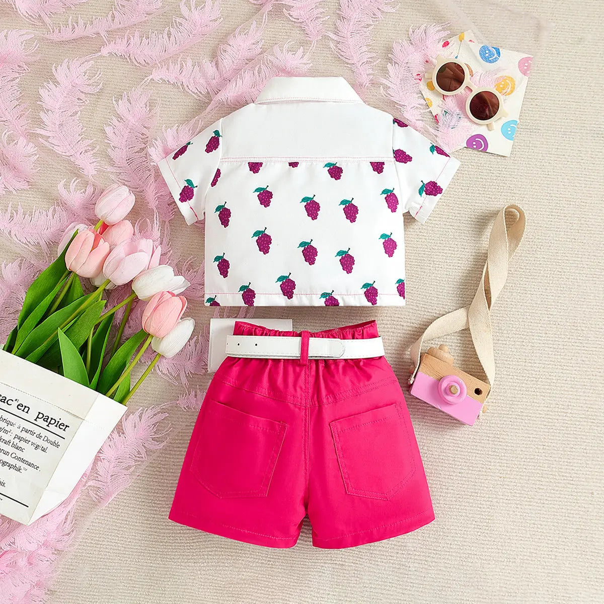 Girls White Shirt With Pink Shorts and Waist Bag 3 Pcs Set