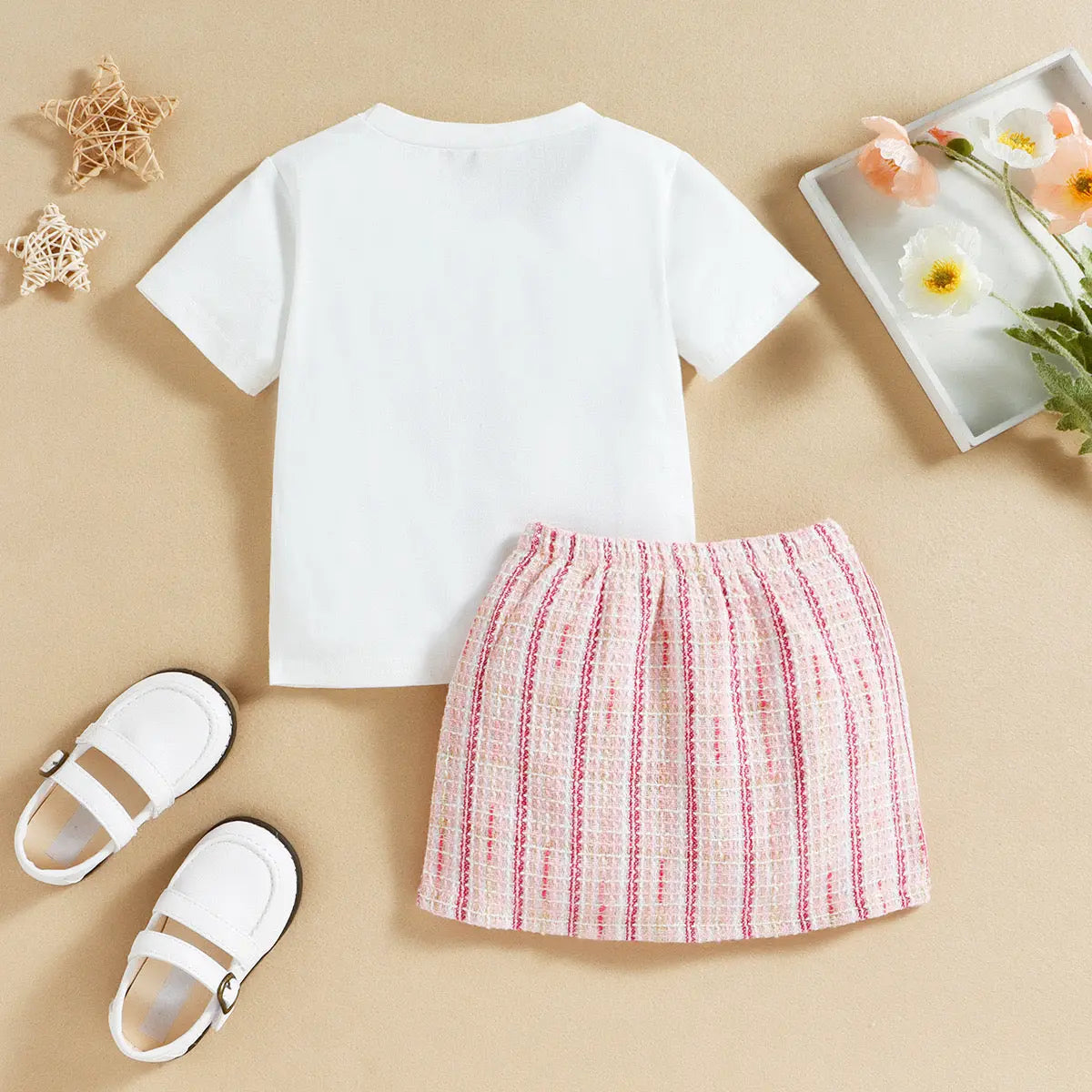 Girls White T-shirt & Pink Skirt Set
