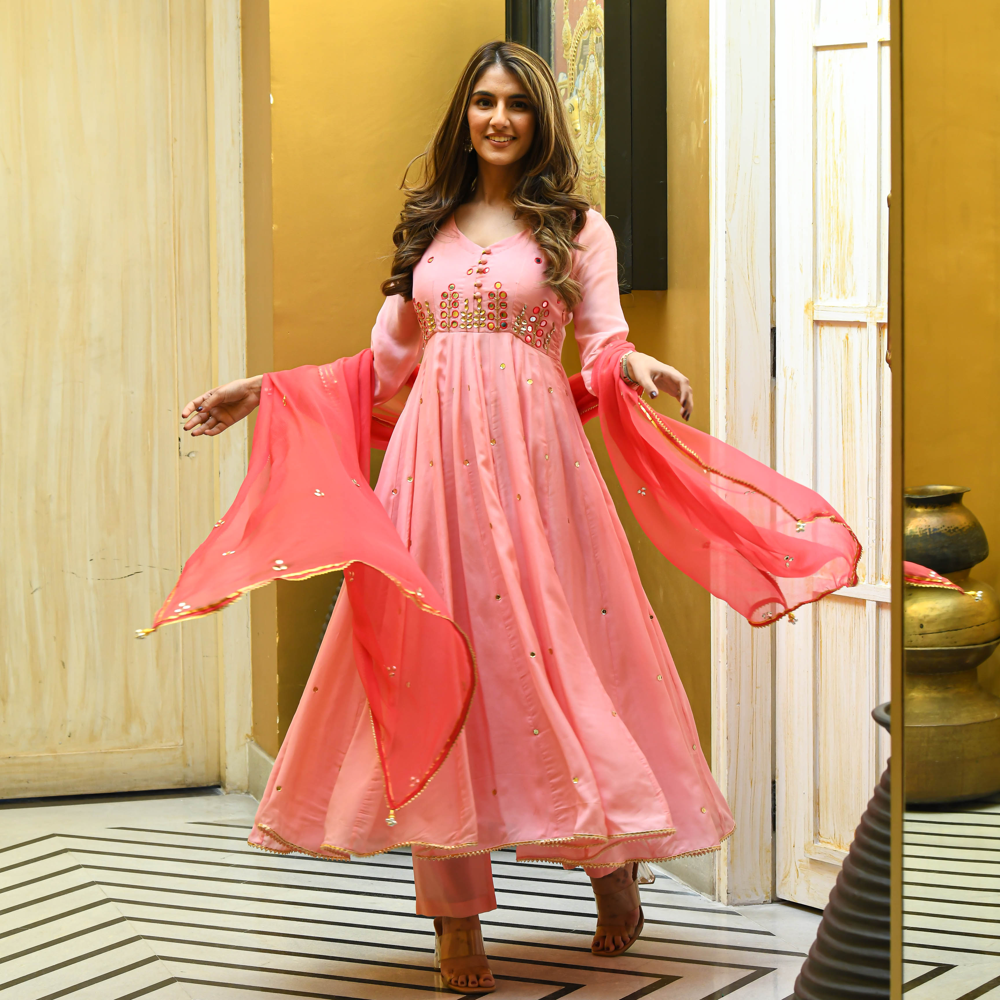 Bunaai Peach Pink Georgette Suit Set