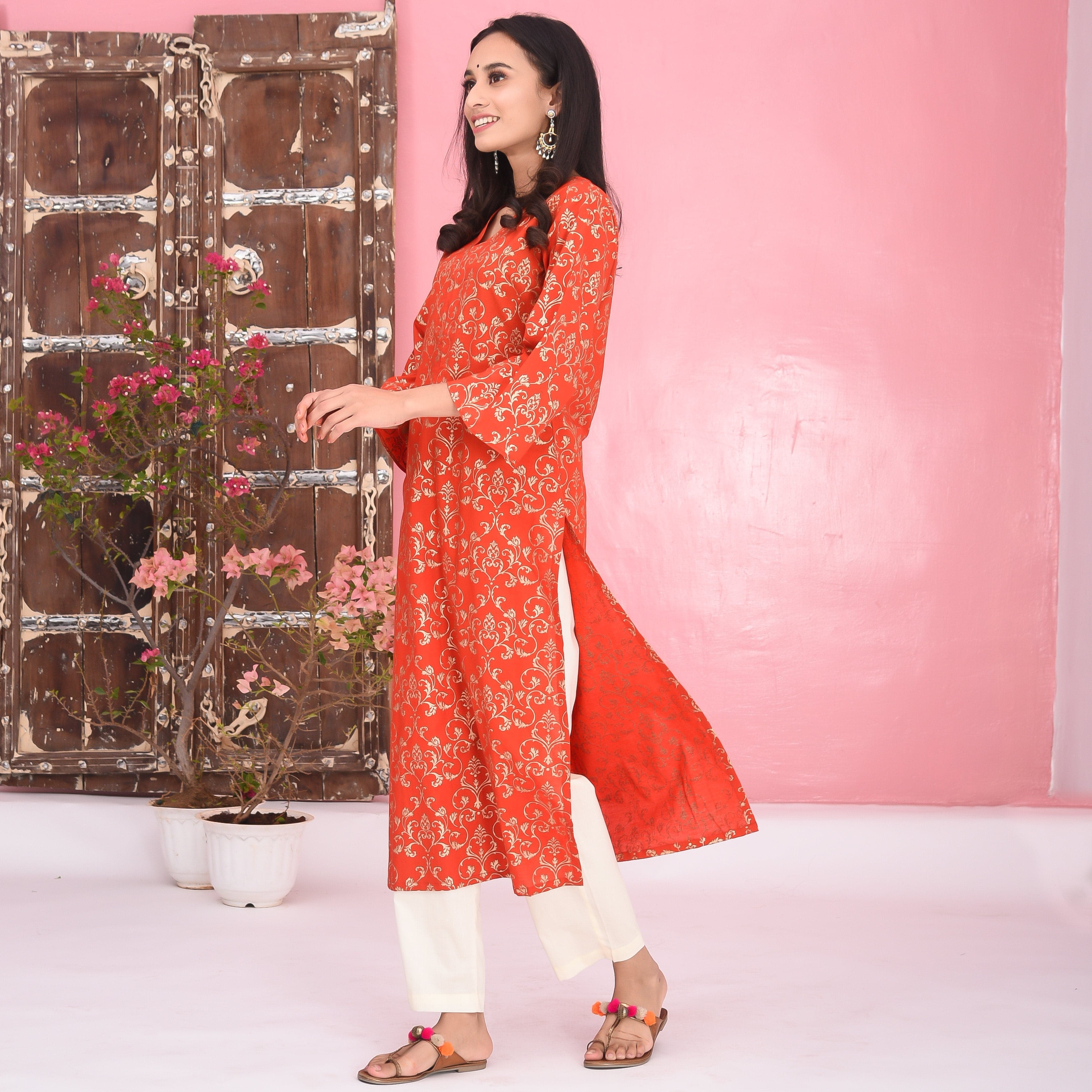 Red Cream Cotton Kurta