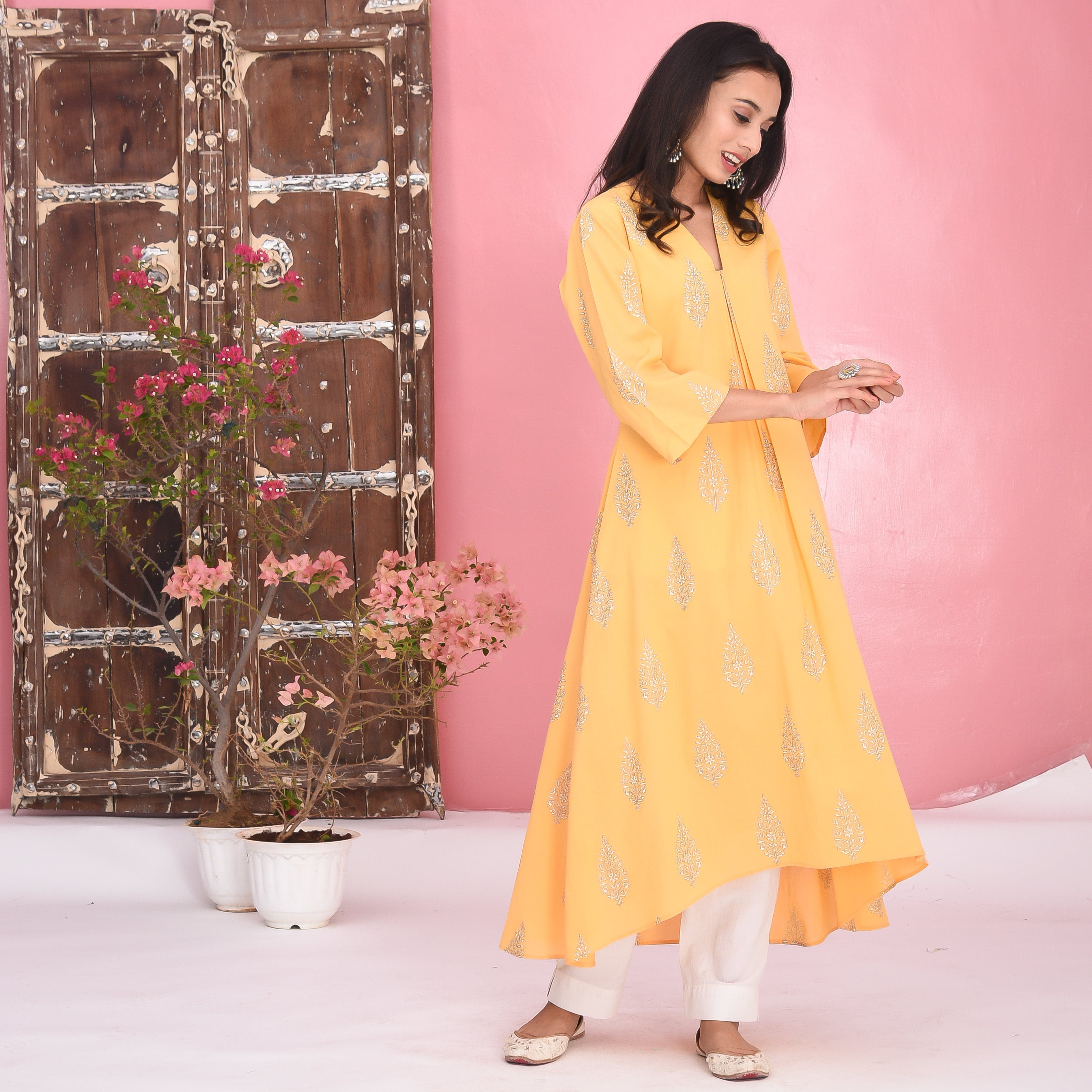 Yellow White Cotton Kurta Set